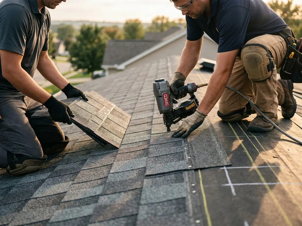 Professional roofer working on a residential roof in Olive Branch